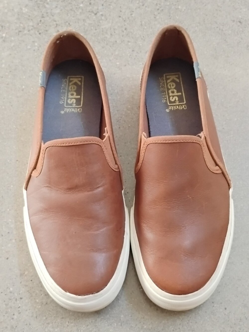 Keds Double Decker Leather Slip Ons In Cognac with White Sole